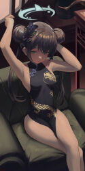 Rule 34 | 1girl, armpits, arms up, black dress, black gloves, black hair, blue archive, breasts, butterfly hair ornament, china dress, chinese clothes, closed mouth, commentary, couch, crossed legs, double bun, dragon print, dress, english commentary, gloves, grey eyes, hair bun, hair ornament, halo, highres, indoors, kisaki (blue archive), long hair, looking at viewer, nev (nevblindarts), paid reward available, pelvic curtain, print dress, sitting, sleeveless, sleeveless dress, small breasts, solo, twintails