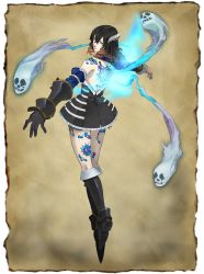 Rule 34 | 1girl, black hair, bloodstained: ritual of the night, blue eyes, brown hair, concept art, detached sleeves, gauntlets, gradient hair, hair between eyes, hair ornament, looking at viewer, miriam (bloodstained), monochrome, multicolored hair, natsume yuji, official art, pantyhose, short hair, solo, stained glass