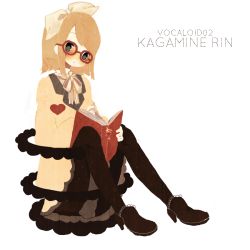 Rule 34 | 1girl, bad id, bad pixiv id, blonde hair, blue eyes, book, female focus, flat color, full body, glasses, hair ribbon, kagamine rin, meisa, pantyhose, ribbon, shoes, short hair, simple background, solo, vocaloid, white background