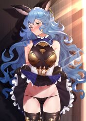 Rule 34 | 1girl, absurdres, animal ears, bare shoulders, black panties, black thighhighs, blue hair, blush, bow, bow panties, brown gloves, clothes lift, earrings, embarrassed, erune, ferry (granblue fantasy), gloves, gluteal fold, granblue fantasy, groin, hair between eyes, highres, jewelry, light rays, long hair, navel, open mouth, panties, pulled by self, saru (pixiv13751598), skindentation, skirt, skirt lift, sleeveless, solo, sunbeam, sunlight, thighhighs, thighs, underwear, wolf ears, yellow eyes