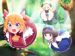 Rule 34 | 3girls, black hair, blonde hair, blue eyes, blurry, chestnut mouth, depth of field, dress, drill hair, fairy wings, fang, forest, grass, hat, headdress, highres, long hair, luna child, multiple girls, nature, open mouth, outdoors, red eyes, star sapphire, sunny milk, touhou, tree, wings, you (noanoamoemoe)