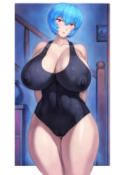 Rule 34 | 1girl, absurdres, alternate breast size, arms behind back, ayanami rei, bad id, bad twitter id, black one-piece swimsuit, blue hair, blush, breasts, cameltoe, cleft of venus, covered erect nipples, covered navel, curvy, hair between eyes, head tilt, highres, huge breasts, impossible clothes, impossible swimsuit, indoors, looking at viewer, mogudan, neon genesis evangelion, nipples, one-piece swimsuit, open mouth, puffy nipples, red eyes, school swimsuit, shiny skin, short hair, solo, standing, swimsuit, thick thighs, thighs