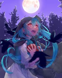 Rule 34 | 1girl, absurdres, apple, aqua eyes, aqua hair, artist name, bird, black bird, cloak, collar, crying, crying with eyes open, despair, empty eyes, eve moonlit, evillious nendaiki, eyelashes, fangs, food, forest, frilled collar, frilled sleeves, frills, fruit, full moon, glowing, glowing eyes, hair ribbon, hatsune miku, highres, holding, holding food, holding fruit, hood, hooded cloak, kureihii, light trail, messy hair, moon, moonlit bear (vocaloid), motion blur, nature, night, night sky, open mouth, red eyes, ribbon, scared, signature, silhouette, sky, solo, tears, tree, twintails, vocaloid, white ribbon