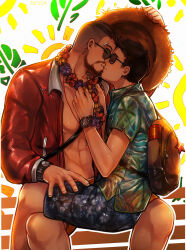 Rule 34 | 2boys, abs, bara, beard, black hair, blue male swimwear, blue shirt, closed eyes, commission, david king (dead by daylight), dead by daylight, dessa nya, dwight fairfield, facial hair, flower, flower necklace, hat, hawaiian shirt, highres, holding, holding clothes, holding hat, hooked on you, jacket, jewelry, large pectorals, male focus, male swimwear, multiple boys, muscular, muscular male, necklace, official alternate costume, open clothes, open jacket, pectorals, red jacket, shirt, short hair, sitting, sitting on lap, sitting on person, straw hat, sunglasses, unworn hat, unworn headwear, watch, wristwatch