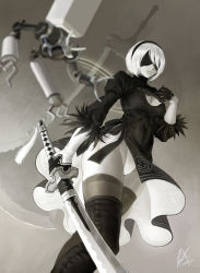 Rule 34 | 1girl, android, boots, breasts, cleavage cutout, closed mouth, clothing cutout, covered eyes, covered navel, feather-trimmed sleeves, from below, gloves, greyscale, groin, hairband, holding, holding sword, holding weapon, huge weapon, juliet sleeves, leather, leather boots, leotard, leotard under clothes, long sleeves, medium breasts, mole, mole under mouth, monochrome, nier (series), nier:automata, pod (nier:automata), puffy sleeves, robot, signature, skindentation, solo, standing, sword, taesi, thighhighs, thighs, turtleneck, weapon, 2b (nier:automata)