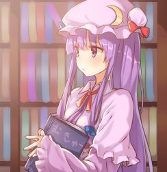 Rule 34 | 1girl, bad id, bad pixiv id, book, bow, capelet, crescent, dress, hair bow, hair ornament, hat, hat bow, highres, long hair, long sleeves, mob cap, mukyuu, patchouli knowledge, purple dress, purple eyes, purple hair, shnva, solo, touhou, wide sleeves