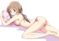 Rule 34 | 1girl, ass, barefoot, bikini, breasts, brown eyes, closed mouth, commentary request, cushion, hair ornament, hair scrunchie, halterneck, large breasts, light brown hair, long hair, looking at viewer, lying, matsumoto yoriko, mel (melty pot), hugging object, on stomach, pink bikini, ponytail, scrunchie, shadow, side-tie bikini bottom, sideboob, sidelocks, soles, solo, string bikini, swimsuit, toes, white background, yuyushiki