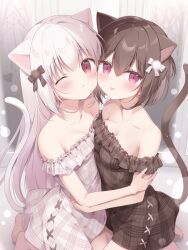 Rule 34 | 2girls, :p, ;o, animal ears, bare shoulders, black bow, blush, bow, breasts, brown dress, brown hair, cat day, cat ears, cat girl, cat tail, cleavage, collarbone, commentary request, dress, frilled dress, frills, hair between eyes, hair bow, highres, looking at viewer, miyasaka naco, multiple girls, off-shoulder dress, off shoulder, one eye closed, original, parted lips, plaid, plaid dress, purple eyes, red eyes, small breasts, tail, tongue, tongue out, white bow, white dress, white hair