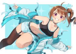 Rule 34 | 1girl, ahoge, aqua background, belt, black choker, black sports bra, blush, border, breasts, brown hair, brown thighhighs, choker, cleavage, collarbone, commentary request, drill hair, dutch angle, earrings, feet out of frame, fingernails, fishnet thighhighs, fishnets, garter straps, grin, hair ribbon, idolmaster, idolmaster million live!, jacket, jewelry, kamille (vcx68), leaning forward, leg up, long sleeves, looking at viewer, medium breasts, midriff, navel, off shoulder, open clothes, open jacket, outside border, outstretched arms, purple eyes, ribbon, shoes, short hair, short shorts, shorts, side ponytail, sidelocks, single earring, single thighhigh, sleeves past wrists, smile, sneakers, solo, sparkle background, sports bra, standing, standing on one leg, star (symbol), star earrings, stomach, thighhighs, white border, white footwear, white jacket, white ribbon, white shorts, yokoyama nao
