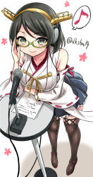 Rule 34 | 10s, 1girl, adjusting eyewear, black hair, blush, breast hold, breasts, detached sleeves, glasses, green-framed eyewear, grey eyes, hairband, kantai collection, kase daiki, kirishima (kancolle), leaning forward, looking at viewer, microphone, musical note, no legwear, nontraditional miko, quaver, short hair, skirt, smile, solo, speech bubble, spoken musical note, table, thighhighs, twitter username