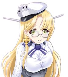 Rule 34 | 1girl, blonde hair, blush, closed mouth, collared shirt, glasses, hat, headgear, highres, kantai collection, long hair, long sleeves, northampton (kancolle), peaked cap, semi-rimless eyewear, shirt, simple background, smile, solo, tk8d32, upper body, white background, white hat, white shirt, yellow eyes