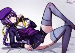 Rule 34 | 1girl, alternate costume, artist name, ass, bed, bed sheet, beret, braid, breasts, cleavage, cropped jacket, dated, eltnum, fingerless gloves, gloves, hair ribbon, hat, long hair, long sleeves, looking at viewer, lying, melty blood, mina cream, miniskirt, necktie, open clothes, open shirt, purple eyes, purple hair, red eyes, ribbon, signature, single braid, sion eltnam atlasia, skirt, smile, solo, sweater, thighhighs, tsukihime, under night in-birth, v-neck, very long hair, white thighhighs, yellow necktie, zettai ryouiki