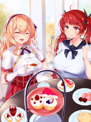 Rule 34 | 2girls, :d, :t, ^ ^, azur lane, blonde hair, breasts, cake, character request, closed eyes, commission, cup, duplicate, fingerless gloves, food, fork, gloves, highres, holding, holding cup, holding fork, honolulu (azur lane), honolulu (umbrella girl) (azur lane), irohara, large breasts, leander (azur lane), manjuu (azur lane), multiple girls, official alternate costume, open mouth, pixel-perfect duplicate, red hair, sailor collar, sailor shirt, shirt, short sleeves, skeb commission, smile, teacup, twintails, upper body, white gloves, white shirt