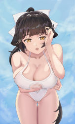 Rule 34 | 1girl, absurdres, azur lane, black hair, breasts, brown eyes, casual one-piece swimsuit, chinese commentary, cleavage, commentary request, cowboy shot, gluteal fold, groin, hair flaps, highres, large breasts, leaning forward, long hair, mons pubis, one-piece swimsuit, open mouth, ponytail, ruan weidao, solo, swimsuit, takao (azur lane), takao (beach rhapsody) (azur lane), thigh gap