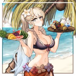 Rule 34 | 1girl, absurdres, beach, bikini, black bikini, blonde hair, blue eyes, braid, breasts, cleavage, closed mouth, cocktail umbrella, collarbone, cup, drinking glass, feet out of frame, flower, food, food focus, french braid, frilled bikini, frills, fruit, g36 (50 days with g36) (girls&#039; frontline), g36 (girls&#039; frontline), girls&#039; frontline, glass, hachirodesu, hair flower, hair ornament, hairclip, head tilt, highres, holding, holding tray, long hair, looking at viewer, medium breasts, multicolored hair, navel, ocean, official alternate costume, one-piece swimsuit, outside border, pineapple, pineapple slice, ponytail, purple one-piece swimsuit, seafloor, side braid, simple background, solo, swimsuit, tray, upper body, very long hair, watermelon, watermelon slice