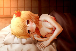 Rule 34 | 1girl, afterglow, aki shizuha, arinu, blonde hair, blush, breasts, cleavage, futon, hair ornament, highres, leaf, looking at viewer, lying, on side, pillow, short hair, smile, solo, strap slip, touhou, yellow eyes