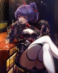 Rule 34 | 1girl, alcohol, bar stool, black gloves, bottle, breasts, cleavage, closed mouth, crossed legs, cup, drinking glass, gloves, holding, holding sword, holding weapon, honkai (series), honkai impact 3rd, indoors, katana, long hair, long sleeves, looking at viewer, ponytail, purple eyes, purple hair, raiden mei, raiden mei (danzai spectramancer), sitting, smile, solo, stool, sword, table, thighhighs, weapon, white thighhighs, wine, wine bottle, wine glass, zomzomzomsauce