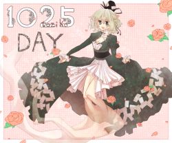 Rule 34 | 1girl, adapted costume, breasts, cleavage, dress, embellished costume, female focus, flower, frills, ghost tail, green dress, green eyes, green hair, hat, hotmilkice, ice (aitsugai), long sleeves, matching hair/eyes, open mouth, short hair, smile, soga no tojiko, solo, tate eboshi, touhou