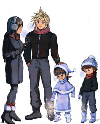 Rule 34 | 2boys, 2girls, absurdres, beanie, black hair, blonde hair, blue eyes, blush, boots, breasts, breath, brown eyes, brown hair, child, cloud strife, coat, denzel (ff7), earmuffs, family, final fantasy, final fantasy vii, final fantasy vii advent children, fireworks, full body, gloves, hair ribbon, hand in pocket, hand on another&#039;s head, hat, highres, hugo artist, jacket, large breasts, long hair, looking at another, marlene wallace, multiple boys, multiple girls, pants, red eyes, ribbon, scarf, short hair, smile, sparkler, spiked hair, square enix, standing, tifa lockhart, white background, winter clothes, winter coat