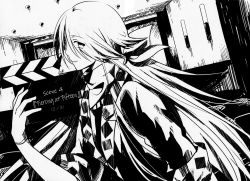 Rule 34 | 1girl, a (hakomari), from side, gloves, greyscale, holding, indoors, long hair, looking at viewer, monochrome, novel illustration, official art, scarf, solo, tetsuo (tashirosu), upper body, utsuro no hako to zero no maria, very long hair, white gloves