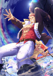 Rule 34 | 1girl, 3boys, abs, back-to-back, bara, beard, belt, beowulf (fate), blonde hair, blue eyes, blue sky, boots, brown hair, cannon, cloud, cloudy sky, collar, day, dynamic pose, epaulettes, facial hair, fate/grand order, fate (series), fighting stance, fringe trim, from below, goatee, highres, holding, holding weapon, huge weapon, jacket, large pectorals, long hair, long sideburns, long sleeves, male focus, merlin (fate), military, military uniform, multiple boys, muscular, napoleon bonaparte (fate), nero claudius (fate), nero claudius (fate) (all), nero claudius (fate/extra), open clothes, open hand, open jacket, open shirt, outdoors, pants, pectoral cleavage, pectorals, rainbow, scar, short hair, sideburns, skirt, sky, smile, sunlight, tattoo, tight clothes, unbuttoned, uniform, waku (ayamix), weapon, white hair, white pants