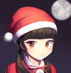 Rule 34 | 1girl, black hair, brown eyes, commentary, commission, dot nose, full moon, fur trim, hair ornament, hat, jungki dr, long hair, looking at viewer, moon, night, night sky, original, outdoors, portrait, red ribbon, ribbon, santa hat, sky, smile, solo, twintails