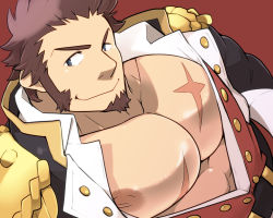 Rule 34 | 1boy, abs, bara, beard, blue eyes, brown hair, commentary request, epaulettes, facial hair, fate/grand order, fate (series), large pectorals, long sideburns, long sleeves, looking at viewer, male focus, military, muscular, napoleon bonaparte (fate), nipples, pectorals, scar, simple background, smile, solo, takezamurai, uniform, upper body