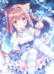 Rule 34 | 1girl, :o, animal ear fluff, animal ears, azumi kazuki, blue bow, blue footwear, blush, bow, breasts, brown eyes, brown hair, cat ears, commentary request, convenient leg, detached sleeves, feet out of frame, hair bow, hair intakes, heart, highres, holding, knees together feet apart, long hair, looking at viewer, medium breasts, original, parted lips, profile, puffy short sleeves, puffy sleeves, short sleeves, solo, striped clothes, striped thighhighs, thighhighs, twintails, very long hair, white sleeves, wrist cuffs