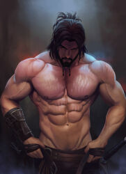 Rule 34 | 1boy, abs, absurdres, aenaluck, artist name, bara, beard, belt, black hair, black pants, brown belt, carlnes (aenaluck), chest hair, facial hair, highres, large pectorals, looking at viewer, male focus, medium hair, muscular, muscular male, navel, navel hair, nipples, open belt, original, pants, pectorals, ponytail, sheath, sheathed, simple background, single vambrace, solo, sword, topless male, vambraces, weapon