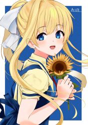 Rule 34 | 1girl, :d, air (visual novel), blonde hair, blue background, blue dress, blue eyes, blush, commentary, copyright name, dress, eyelashes, eyes visible through hair, floating hair, flower, from side, hair between eyes, hair ribbon, holding, holding flower, kamio misuzu, long hair, looking at viewer, open mouth, ponytail, puffy short sleeves, puffy sleeves, ribbon, school uniform, shirt, short sleeves, sidelocks, simple background, smile, solo, sunflower, teeth, upper body, upper teeth only, very long hair, white ribbon, yellow shirt, zenoo