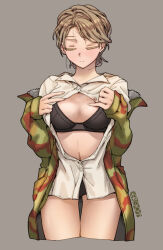 Rule 34 | 1girl, artist name, black bra, black panties, blush, borrowed character, bra, breasts, buttons, camouflage, camouflage jacket, cleavage, closed eyes, closed mouth, clothes pull, collared shirt, commentary, cropped torso, ergot, erika (sebastian z), expressionless, fur-trimmed jacket, fur trim, german army, grey background, jacket, light brown hair, long hair, long sleeves, low ponytail, medic, medium breasts, military, military uniform, navel, no pants, open clothes, open shirt, original, panties, partially unbuttoned, pocket, pulling own clothes, shirt, signature, simple background, solo, unbuttoning, underwear, undressing, uniform, upper body, wehrmacht, white shirt, world war ii