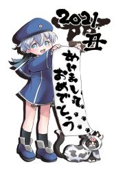 Rule 34 | 1girl, 2021, akeome, bad id, bad twitter id, banner, black neckerchief, blue dress, blue eyes, blue headwear, cat, chinese zodiac, commentary request, dress, happy new year, hat, highres, kantai collection, karin bluez3, looking at viewer, neckerchief, new year, sailor dress, sailor hat, short hair, silver hair, simple background, unsinkable sam, white background, year of the ox, z1 leberecht maass (kancolle)
