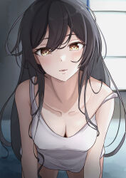 Rule 34 | 1girl, black hair, blush, breasts, c yorimo, camisole, cleavage, collarbone, highres, idolmaster, idolmaster shiny colors, indoors, leaning forward, long hair, looking at viewer, medium breasts, parted lips, shirase sakuya, solo, straight hair, strap slip, very long hair, white camisole, yellow eyes