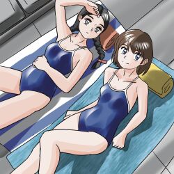 Rule 34 | 2girls, arm support, blue eyes, blue one-piece swimsuit, braid, brown hair, collarbone, grey eyes, hair ribbon, hand on own head, highres, knee up, long hair, looking at viewer, lying, multiple girls, on back, one-piece swimsuit, original, pict9370, poolside, red ribbon, ribbon, short hair, swimsuit, towel, twin braids
