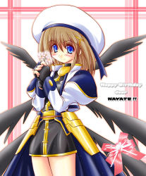 Rule 34 | 00s, 1girl, armor, armored dress, beret, black wings, blue eyes, blush, brown hair, hair ornament, hat, long sleeves, looking at viewer, low wings, lyrical nanoha, mahou shoujo lyrical nanoha, mahou shoujo lyrical nanoha a&#039;s, multiple wings, short hair, smile, solo, standing, thighs, uniform, waist cape, wings, x hair ornament, yagami hayate