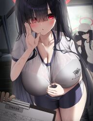 Rule 34 | 3girls, absurdres, black hair, blue archive, blush, bra visible through clothes, breasts, cleavage, collarbone, curvy, halo, highres, huge breasts, indoors, justice task force member (blue archive), long hair, multiple girls, nicorima, red eyes, see-through, shirt, shorts, sportswear, sweat, thick thighs, thighs, white shirt