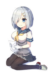 Rule 34 | 10s, 1girl, absurdres, black pantyhose, blue eyes, breasts, buttons, eyes visible through hair, full body, ginon (sjyh3466), gloves, grey skirt, hair ornament, hair over one eye, hairclip, hamakaze (kancolle), highres, holding, holding paper, kantai collection, large breasts, looking at viewer, mirror image, neckerchief, pantyhose, paper, pleated skirt, revision, school uniform, serafuku, shoes, short hair, short sleeves, silver hair, simple background, sitting, skirt, smile, solo, wariza, white background, white gloves, yellow neckerchief