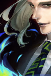 Rule 34 | 10s, 1boy, bad id, bad pixiv id, blue fire, close-up, fire, formal, green eyes, grey eyes, grey hair, lips, long hair, male focus, necktie, ogawa kuro, pale skin, smile, solo, suit, tiger &amp; bunny, yuri petrov