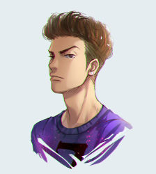 Rule 34 | 1boy, brown eyes, brown hair, casual, closed mouth, commentary request, cropped torso, earrings, grey background, jewelry, long neck, looking at viewer, male focus, miyagi ryouta, moonjjj, pompadour, purple shirt, serious, shirt, short hair, simple background, single earring, sketch, slam dunk (series), solo, upper body