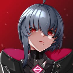 Rule 34 | 1girl, ahoge, black bodysuit, black hair, bodysuit, closed mouth, highres, honkai (series), honkai impact 3rd, lion space, lips, mole, mole under mouth, raven (honkai impact), red background, red eyes, red lips, short hair, solo, upper body