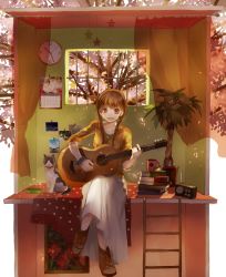 Rule 34 | 1girl, acoustic guitar, bad id, bad pixiv id, brown eyes, brown hair, calendar (object), cat, cherry blossoms, clock, guitar, instrument, crossed legs, long skirt, music, original, photo (object), plant, playing instrument, potted plant, radio, shoes, sitting, skirt, solo, star (symbol), table, tsukioka tsukiho, window