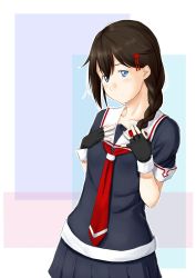 Rule 34 | 10s, 1girl, blue eyes, braid, brown hair, commentary request, fingerless gloves, gloves, hair between eyes, hair ornament, hair over shoulder, hands on own chest, highres, kantai collection, looking at viewer, necktie, niwatazumi, school uniform, serafuku, shigure (kancolle), shigure kai ni (kancolle), short sleeves, single braid, skirt, smile, solo, upper body