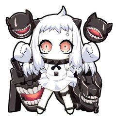 Rule 34 | 10s, 1girl, abyssal ship, ahoge, anger vein, chibi, clenched hands, colored skin, dress, full body, horns, kantai collection, long hair, looking at viewer, machinery, matahachi, mittens, northern ocean princess, pale skin, red eyes, simple background, solo focus, standing, teeth, turret, white background, white dress, white hair, white mittens, white skin