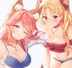Rule 34 | 2girls, animal ear fluff, animal ears, bare shoulders, blonde hair, blush, bow, breasts, cleavage, closed mouth, commentary, commission, crop top, english commentary, ereshkigal (fate), fate/grand order, fate (series), fox ears, hair bow, jewelry, large breasts, long hair, looking at viewer, medium breasts, midriff, multiple girls, navel, necklace, off-shoulder shirt, off shoulder, one eye closed, open clothes, open shirt, red eyes, red shirt, rimuu, shirt, short shorts, shorts, simple background, smile, tail, tamamo (fate), tamamo no mae (fate/extra), thighs, unfinished, white background, white shirt, yellow eyes