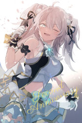 Rule 34 | 1girl, ahoge, animal ear fluff, animal ears, armband, bare shoulders, belt, black vest, bow, bow skirt, breasts, ear piercing, fang, gloves, grey eyes, grey hair, hair between eyes, halter shirt, halterneck, highres, holding, holding microphone, hololive, hololive idol uniform, kumono nnn, large bow, layered skirt, light blush, lion ears, long hair, looking at viewer, medium breasts, messy hair, microphone, miniskirt, navel, official alternate costume, one eye closed, open mouth, piercing, shishiro botan, sidelocks, skirt, sleeveless, smile, solo, two side up, vest, virtual youtuber, white bow, white gloves, white skirt, wrist cuffs