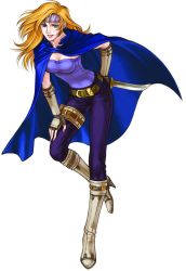 Rule 34 | 1girl, arm behind back, belt, blonde hair, blue eyes, boots, breasts, cape, cleavage, female focus, fingerless gloves, fire emblem, fire emblem: radiant dawn, gloves, grin, hair intakes, hand on leg, headband, heather (fire emblem), high heel boots, high heels, kita senri, kneehighs, knife, leaning, leaning forward, lips, lipstick, long hair, makeup, nintendo, official art, pants, shoes, simple background, small breasts, smile, socks, solo, standing, standing on one leg, strapless, tube top, weapon, white background