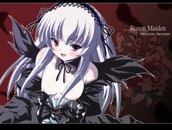 Rule 34 | 00s, 1girl, breasts, cum, cum on body, cum on breasts, cum on clothes, cum on upper body, gothic lolita, large breasts, lolita fashion, pale skin, pink eyes, rozen maiden, silver hair, solo, suigintou, wallpaper, wings