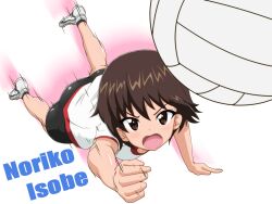 Rule 34 | 1girl, ass, ball, bike shorts, black shorts, blush, brown eyes, brown hair, character name, dot nose, full body, girls und panzer, gogopaint, gym shirt, gym shorts, gym uniform, highres, isobe noriko, motion lines, open mouth, playing sports, shirt, short hair, short sleeves, shorts, simple background, solo, uniform, volleyball, volleyball (object), white footwear, white shirt