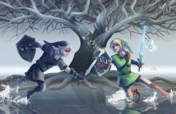 Rule 34 | 2boys, battle, blonde hair, blue eyes, dark link, eric proctor, gloves, hat, holding, holding sword, holding weapon, hylian shield, left-handed, link, long hair, male focus, master sword, multiple boys, nintendo, pointy ears, red eyes, shield, sword, the legend of zelda, the legend of zelda: ocarina of time, tree, water, weapon