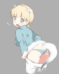 Rule 34 | 1girl, absurdres, animal ears, ass, bad id, bad pixiv id, blonde hair, blue eyes, blue panties, blue sweater, blush, brave witches, breasts, clothes pull, commentary request, flying sweatdrops, fur trim, grey background, hair between eyes, hasegawa (rarairairai), highres, leaning forward, looking at viewer, looking back, medium breasts, nikka edvardine katajainen, open mouth, panties, pantyhose, pantyhose pull, short hair, simple background, solo, sweater, tail, underwear, white pantyhose, world witches series